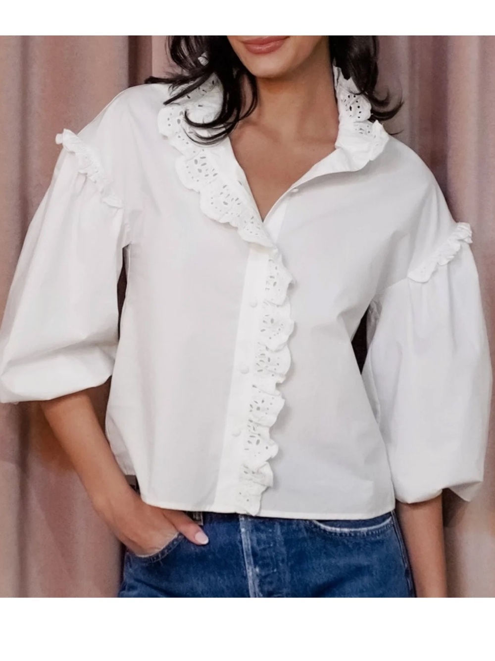 CHRISTY LYNN Madelyn Top Blouse Women’s Medium Ruffled Poplin Shirt FF - Picture 11 of 14